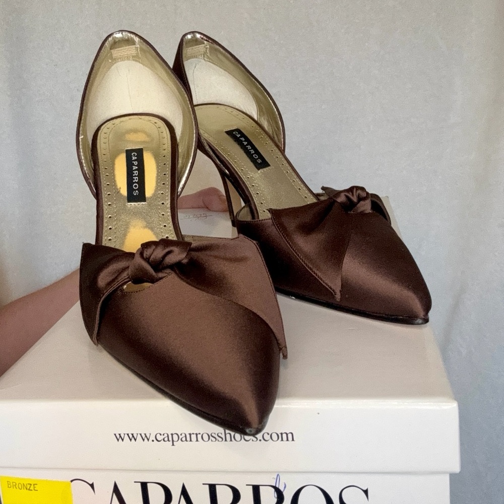 Caparros Brown Satin Heels with Stiletto and Pointed Toe